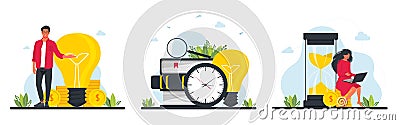 Collection scenes with men and women taking part in business activity on the background of a heap of money coins Vector Illustration