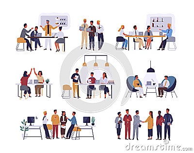 Collection of scenes at office. Bundle of men and women taking part in business meeting, negotiation, brainstorming Vector Illustration