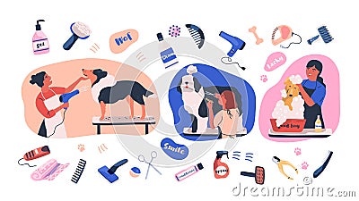 Collection of scenes with people grooming dogs and items for coat care. Women caring of domestic animals or pets - blow Vector Illustration