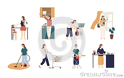 Collection of scenes with woman or housewife doing housework - washing dishes, ironing clothes, cleaning window, cooking Vector Illustration