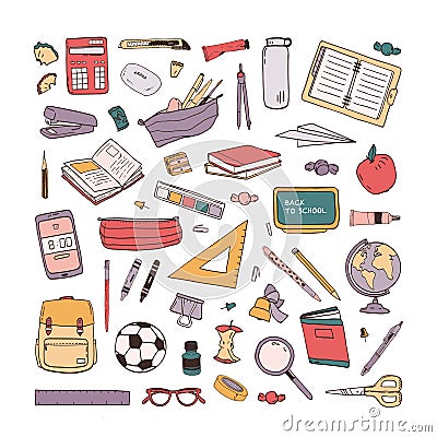 Collection of school stationery items hand drawn on white background. Set of drawings of education supplies. Bundle of Vector Illustration