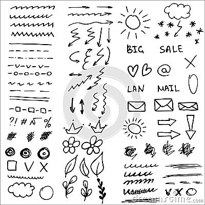 Collection of scribble design element of sketch underlines, arrows and signes. and textured strokes. Handmade chalk Vector Illustration