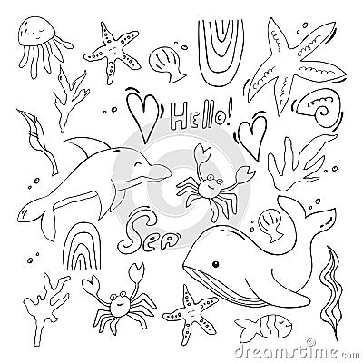 A collection sea doodles - sea creatures, fish, starfish, etc Vector Illustration