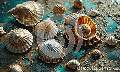 A collection of sea shells are displayed on a table, with some of them being starfish. The shells are arranged in variou Stock Photo