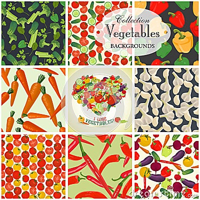 Collection of seamless backgrounds and heart on the topic of veg Vector Illustration