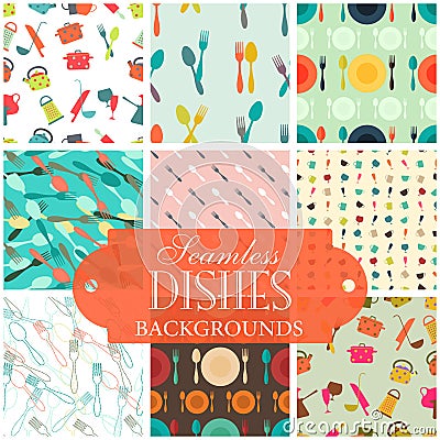 Collection of seamless backgrounds on the topic of dishes Vector Illustration