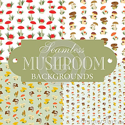 Collection of seamless backgrounds on the topic of mushrooms Vector Illustration