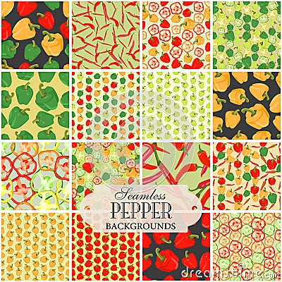 Collection of seamless backgrounds on the topic of pepper Vector Illustration