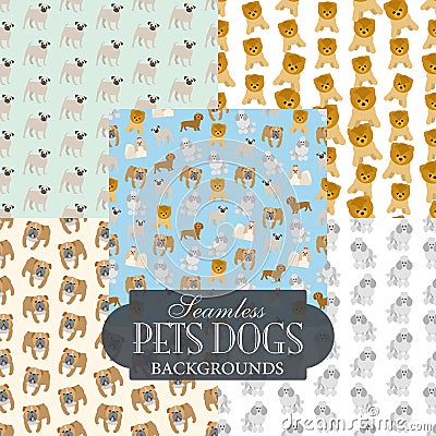 Collection of seamless backgrounds on the topic of pets dogs Vector Illustration