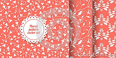 Collection of seamless coral pink floral patterns. Living Coral - 2019 Color of the Year. White laves and flowers vector texture. Vector Illustration