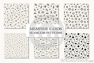 Collection of seamless memphis geometric patterns, cards. Mosaic shapes design. Retro fashion style 80 - 90s. Vector Illustration