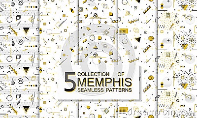 Collection of seamless memphis patterns with geometric shapes. Fashion 80-90s. Vector Illustration