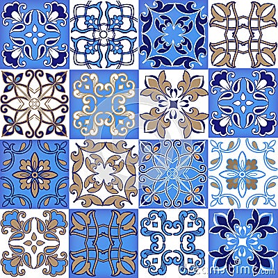 Collection seamless patchwork pattern from Moroccan ,Portuguese tiles in blue and brown colors. Decorative ornament Vector Illustration