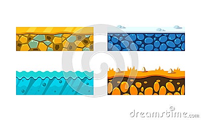 Flat vector set of 4 seamless platforms. Horizontal water block, ice with stones, orange soil. Gaming assets Vector Illustration