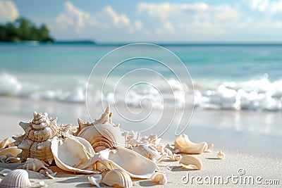 A collection of seashells lying on the sandy shores of a beach, forming an enchanting arrangement, A beach themed wedding Stock Photo