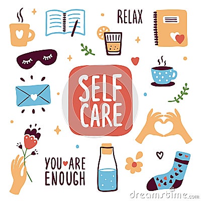 Collection of self care illustrations, relaxing, slow life icons Vector Illustration