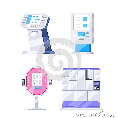Collection of self service electronic payment machines with touch screen, pos terminal, ticket machine, and automated Vector Illustration