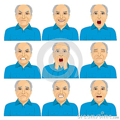 Collection of senior adult bald man making six different face expressions Vector Illustration