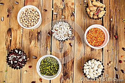 Collection set of beans and legumes. Bowls of various lentils Stock Photo