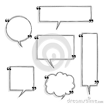 Collection set of black and white hand drawn blank quotation mark speech bubble, think, speak, talk, text box balloon border frame Vector Illustration