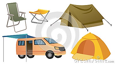 Collection set of camping object tent folding chair SUV car Vector Illustration