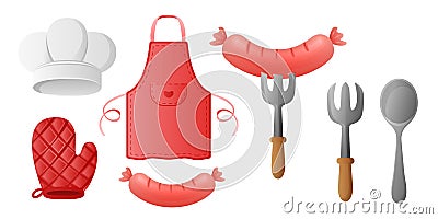 Collection set of cartoon cute kitchenware apron chef hat oven mitt fork spoon Vector Illustration