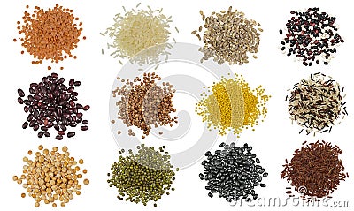 Collection Set of Cereal Grains and Seeds Heaps Stock Photo