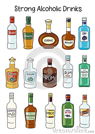 Collection set of classic Strong Alcoholic Drinks. Doodle cartoon hipster style vector A4 A3 poster size illustration Vector Illustration