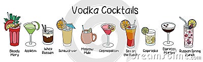 Collection set of classic vodka based cocktails Bloody Mary, Moscow Mule, Screwdriver, Sex on the Beach, Espresso Vector Illustration