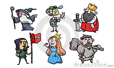 Set of cute and funny medieval characters of different people. Vector illustration in flat cartoon style. Vector Illustration
