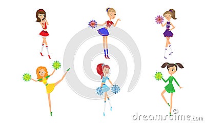 Set of cute girls cheerleaders with pom-poms. Vector illustration in flat cartoon style. Vector Illustration