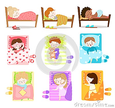 Set of little boys and girls sleeping in their beds. Vector illustration in flat cartoon style. Vector Illustration