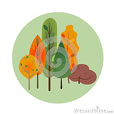 Collection or set of different orange and green autumn trees in light green circle in the center, vector Stock Photo