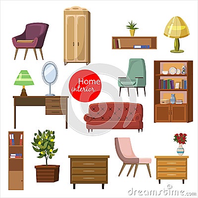 Collection set of elements. designer trendy furniture. table chair sofa lamp mirror plant armchair. modern and retro Vector Illustration