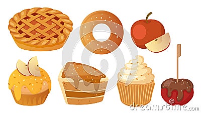 Collection set of food dessert obejct pie bagel cheese cake muffin chocolate covered apple Vector Illustration