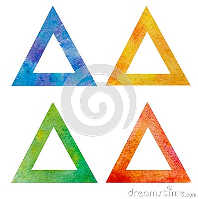 The collection is a set of four watercolor isosceles triangles isolated on a white background with an empty middle. Red, yellow, Stock Photo