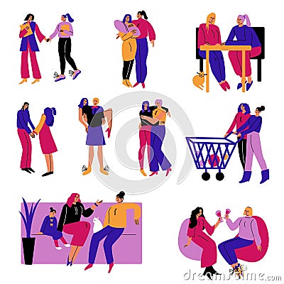 Set of happy homosexual lesbian couples in different life situations. Vector illustration in the flat cartoon style. Vector Illustration