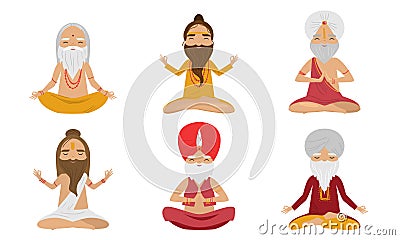 Set of meditating yogi men characters in the lotus position. Vector illustration in flat cartoon style. Vector Illustration