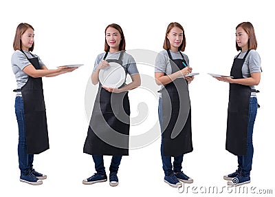 Collection set of portrait of waitress, delivery woman or Servicewoman in Gray shirt and apron isolated on white background Stock Photo