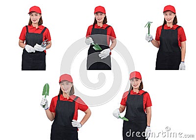 Collection set of portrait of a worker woman or Servicewoman in Red shirt and apron is holding Shovel for Cultivators on white Stock Photo