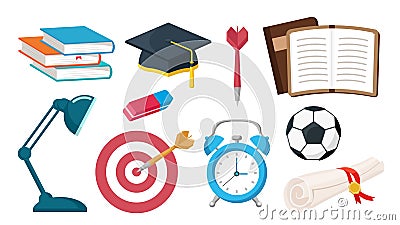 Collection set of school study object book desk lamp eraser alarm clock dart soccer bachelor cap certificate roll Vector Illustration