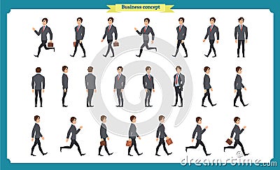 Collection set of Walking and running businessman. Walk, run, active. Vector Illustration