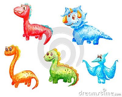 Collection of set of watercolor cartoons of kind children fantastic dinosaurs with big eyes and with a smile Stock Photo