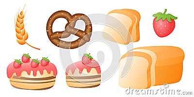 Collection set of wheat bread object toast strawberry cake pretzel Vector Illustration