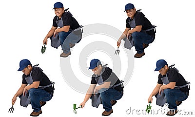 Collection set of worker man or Serviceman in Black shirt and apron is holding Shovel for Cultivators isolated on white background Stock Photo