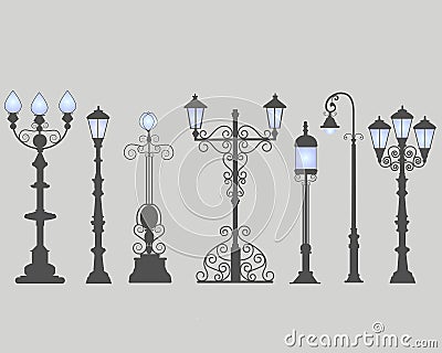 Collection of seven street lamps, isolated gray background. Vector Illustration