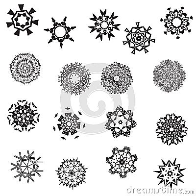 Collection of seventeen graphic patterned snowflakes Stock Photo