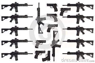 Collection of several assault rifles and pistols isolated on white background Stock Photo