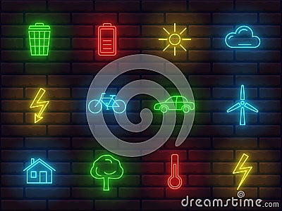 Collection of shiny neon colorful icons signs symbols ecology theme part 2 Vector Illustration