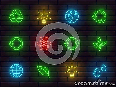 Collection of shiny neon colorful icons signs symbols ecology theme Vector Illustration